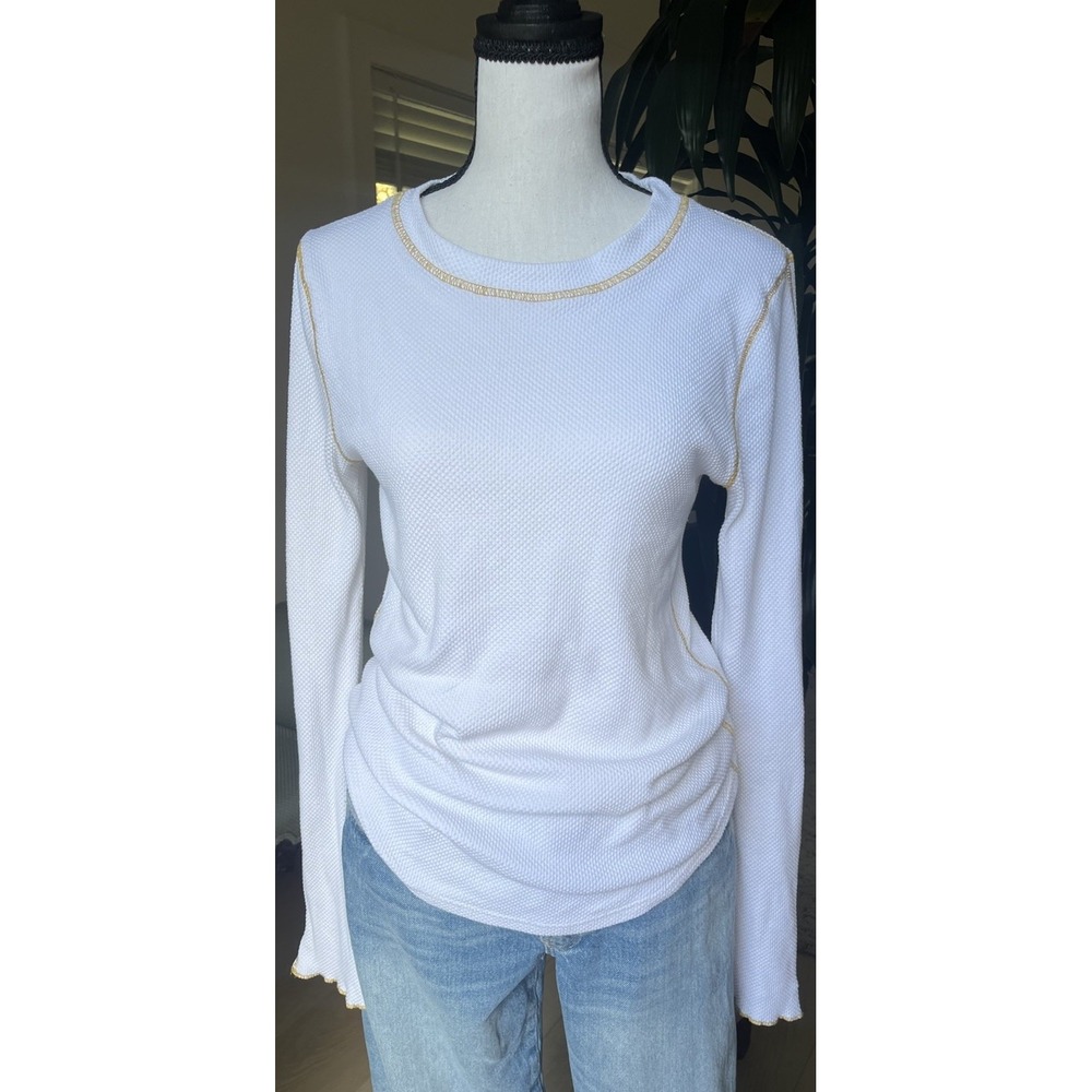 Free People Thermal Top Women Medium Ivory Long Sleeve Zip Cuff